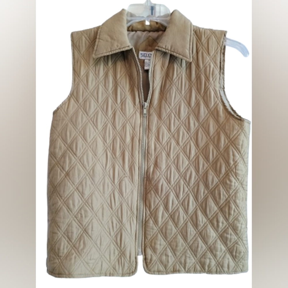 Selene Paris 100% Silk Tan/Olive Quilted Zippered Vest Women's Medium Vintage